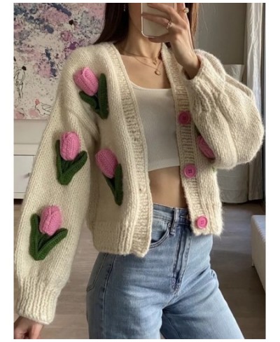 2022 Retro Hand Made Crochet 3D Flower Ball Cardigan Vintage Woman V neck Long sleeve Purple Knitting Sweater Knitwear Jumper...