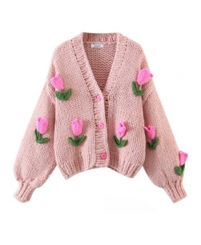 2022 Retro Hand Made Crochet 3D Flower Ball Cardigan Vintage Woman V neck Long sleeve Purple Knitting Sweater Knitwear Jumper...