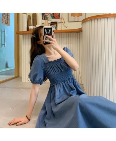 Summer Women Short Sleeve Elegant Blue Long Dress Retro Square Neck Evening Dress Black Dress Women Simple Knee Length Dress ...