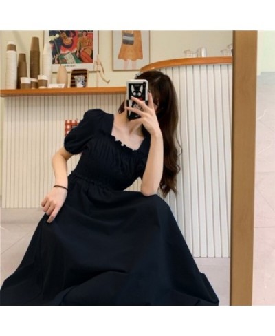 Summer Women Short Sleeve Elegant Blue Long Dress Retro Square Neck Evening Dress Black Dress Women Simple Knee Length Dress ...