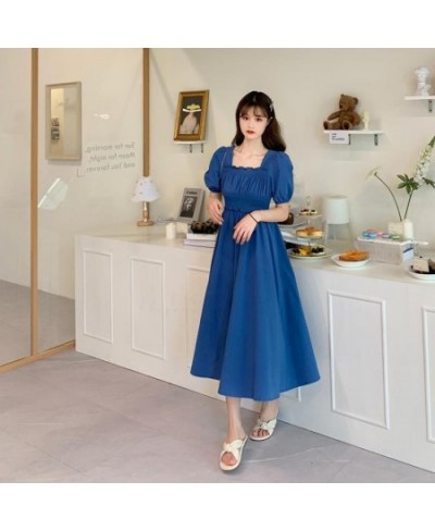 Summer Women Short Sleeve Elegant Blue Long Dress Retro Square Neck Evening Dress Black Dress Women Simple Knee Length Dress ...