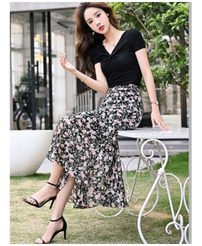 Women Summer Mid-length High Waist Floral Trumpet Skirt Elegant Casual Printed Long A-line Skirt QT1852 $45.95 - Skirts