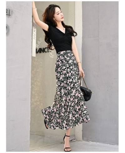 Women Summer Mid-length High Waist Floral Trumpet Skirt Elegant Casual Printed Long A-line Skirt QT1852 $45.95 - Skirts