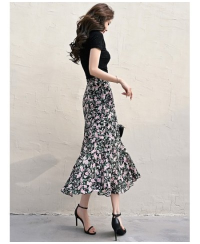 Women Summer Mid-length High Waist Floral Trumpet Skirt Elegant Casual Printed Long A-line Skirt QT1852 $45.95 - Skirts