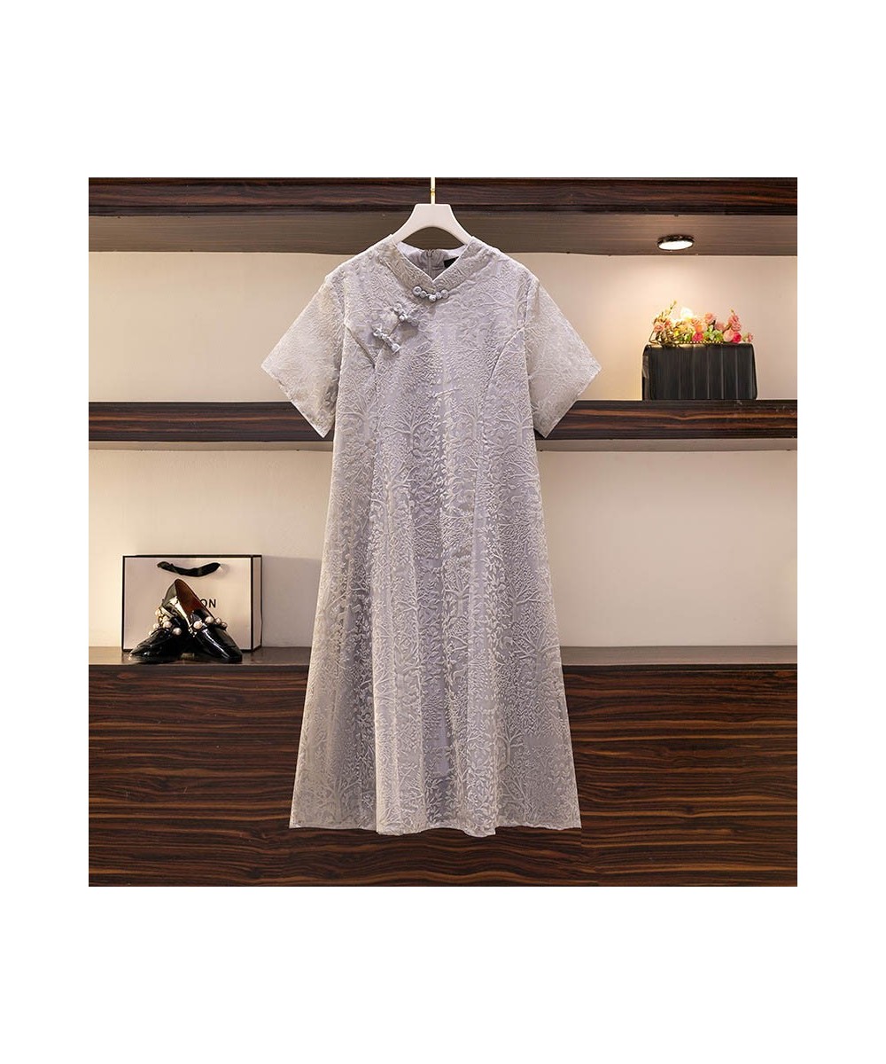 150Kg Plus Size Women's Improved Embroidered Cheongsam Bust 151 Summer Loose V-Neck Short-Sleeved Dress Gray 5XL 6XL 7XL 8XL ...