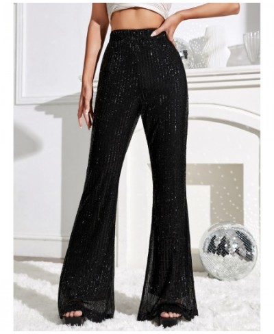 2023 Elegant Lady Glitter High Waist Wide Leg Sequin Pants Women Bling Length Sparkling Flared Trousers Party Clubwear Black ...