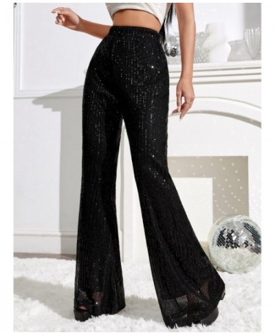 2023 Elegant Lady Glitter High Waist Wide Leg Sequin Pants Women Bling Length Sparkling Flared Trousers Party Clubwear Black ...