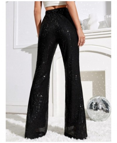 2023 Elegant Lady Glitter High Waist Wide Leg Sequin Pants Women Bling Length Sparkling Flared Trousers Party Clubwear Black ...