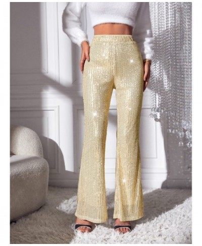 2023 Elegant Lady Glitter High Waist Wide Leg Sequin Pants Women Bling Length Sparkling Flared Trousers Party Clubwear Black ...