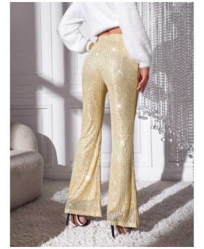 2023 Elegant Lady Glitter High Waist Wide Leg Sequin Pants Women Bling Length Sparkling Flared Trousers Party Clubwear Black ...