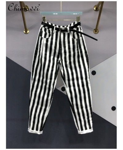 European Fashion Black White Striped Raddish-Shaped Jeans Female 2022 Autumn Versatile High Waist Slimming Harem Denim Pants ...