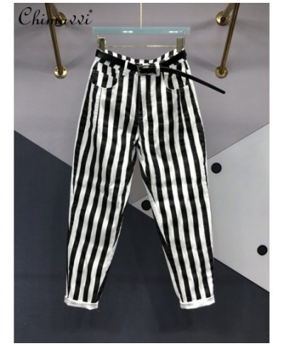 European Fashion Black White Striped Raddish-Shaped Jeans Female 2022 Autumn Versatile High Waist Slimming Harem Denim Pants ...