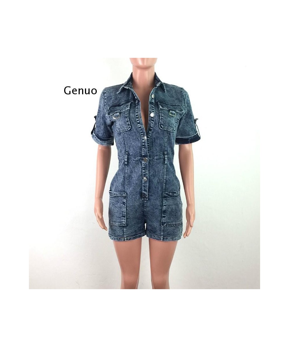 Women Button Down Pocket Design Denim Playsuits Chic Elegant Streetwear Jeans Rompers Playsuit $65.74 - Rompers