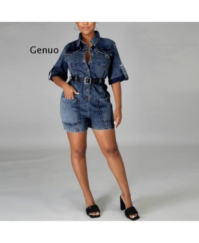 Women Button Down Pocket Design Denim Playsuits Chic Elegant Streetwear Jeans Rompers Playsuit $65.74 - Rompers