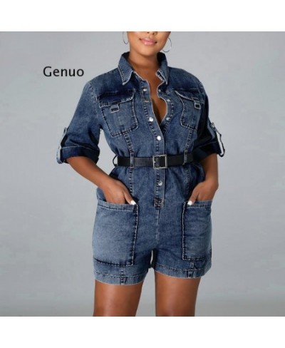 Women Button Down Pocket Design Denim Playsuits Chic Elegant Streetwear Jeans Rompers Playsuit $65.74 - Rompers