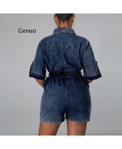 Women Button Down Pocket Design Denim Playsuits Chic Elegant Streetwear Jeans Rompers Playsuit $65.74 - Rompers