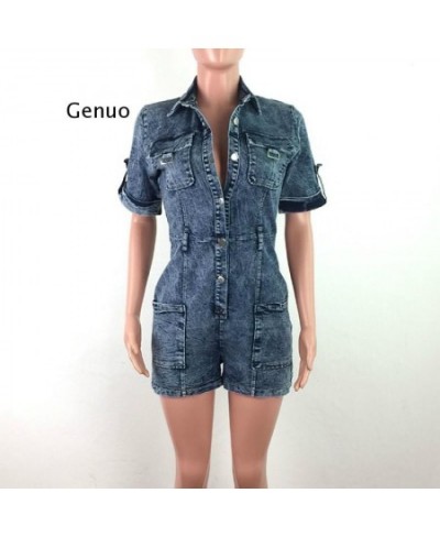 Women Button Down Pocket Design Denim Playsuits Chic Elegant Streetwear Jeans Rompers Playsuit $65.74 - Rompers