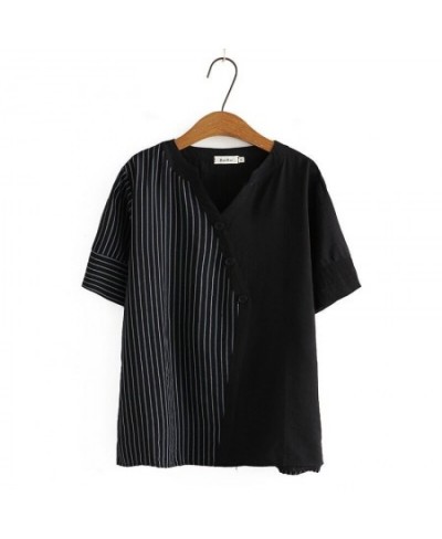 Plus Size XL-4XL Women's Patchwork Summer T-Shirts Short Sleeve A-line Striped Tops Casual Large Size Vintage Top $49.31 - Pl...