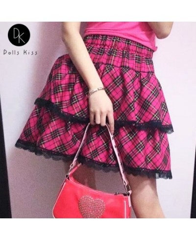 Y2K Punk Lace Pink Pleated Girls Skirt Harajuku Goth Sexy Backless Plaid Camis Gothic High Waist Cool Sweet Clothes Cosplay $...