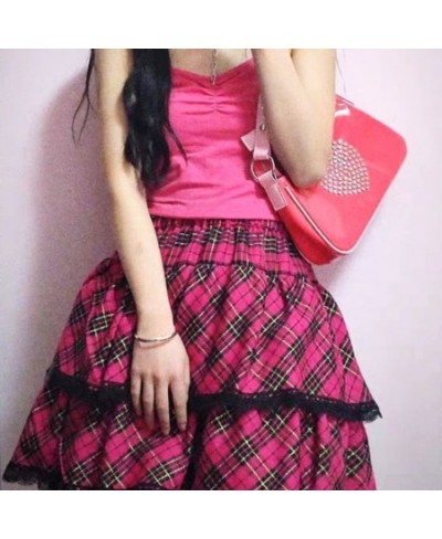 Y2K Punk Lace Pink Pleated Girls Skirt Harajuku Goth Sexy Backless Plaid Camis Gothic High Waist Cool Sweet Clothes Cosplay $...