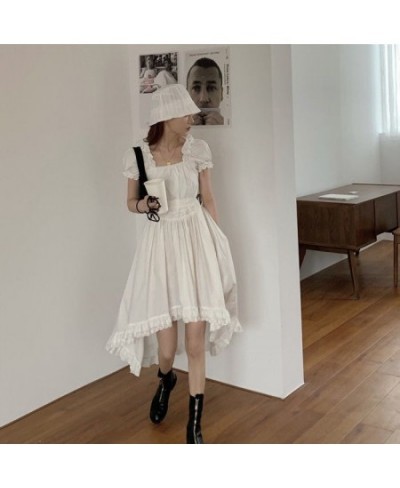 Puff Short Sleeve Dress Women Design Irregular Lace Sexy Square Collar White Princess French Style A-line Defined Waist $29.3...