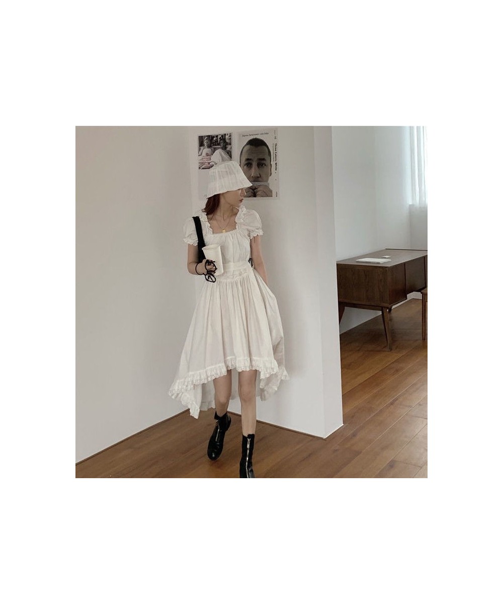 Puff Short Sleeve Dress Women Design Irregular Lace Sexy Square Collar White Princess French Style A-line Defined Waist $29.3...