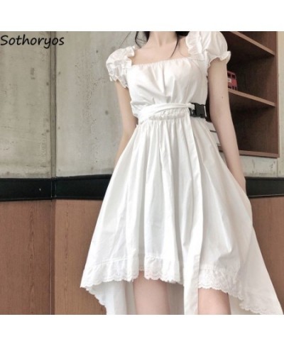 Puff Short Sleeve Dress Women Design Irregular Lace Sexy Square Collar White Princess French Style A-line Defined Waist $29.3...