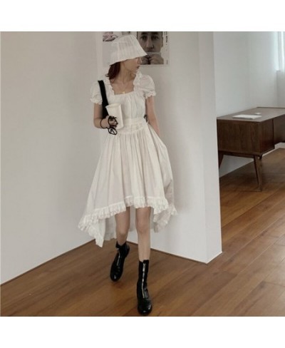 Puff Short Sleeve Dress Women Design Irregular Lace Sexy Square Collar White Princess French Style A-line Defined Waist $29.3...