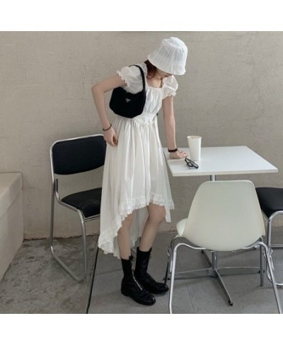 Puff Short Sleeve Dress Women Design Irregular Lace Sexy Square Collar White Princess French Style A-line Defined Waist $29.3...