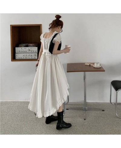 Puff Short Sleeve Dress Women Design Irregular Lace Sexy Square Collar White Princess French Style A-line Defined Waist $29.3...