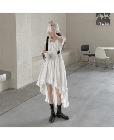 Puff Short Sleeve Dress Women Design Irregular Lace Sexy Square Collar White Princess French Style A-line Defined Waist $29.3...