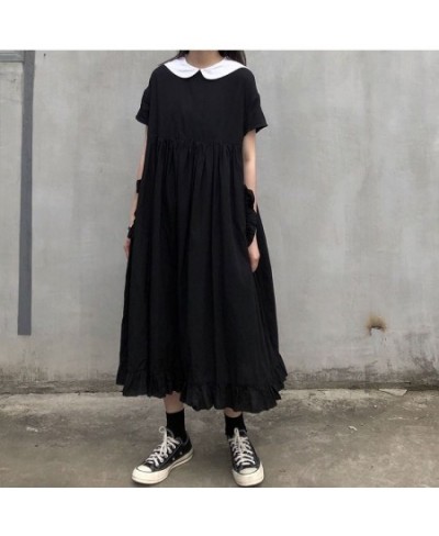 Dress Women Japanese College Style Summer Sweet Peter Pan Collar Kawaii Ruffles Short Sleeve Teen Girl Black Gothic Loose Chi...