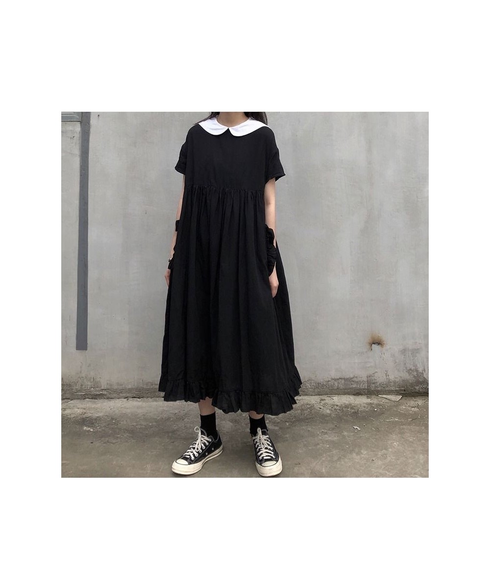 Dress Women Japanese College Style Summer Sweet Peter Pan Collar Kawaii Ruffles Short Sleeve Teen Girl Black Gothic Loose Chi...