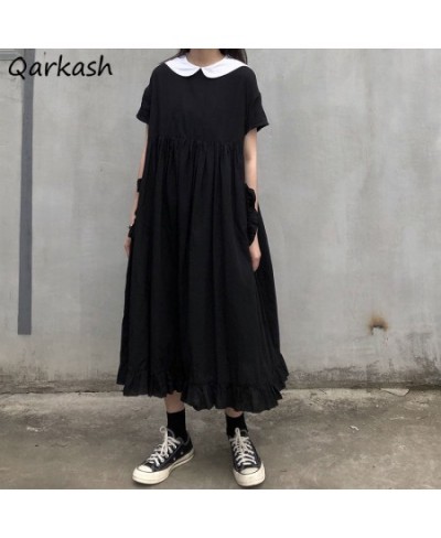 Dress Women Japanese College Style Summer Sweet Peter Pan Collar Kawaii Ruffles Short Sleeve Teen Girl Black Gothic Loose Chi...