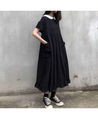 Dress Women Japanese College Style Summer Sweet Peter Pan Collar Kawaii Ruffles Short Sleeve Teen Girl Black Gothic Loose Chi...