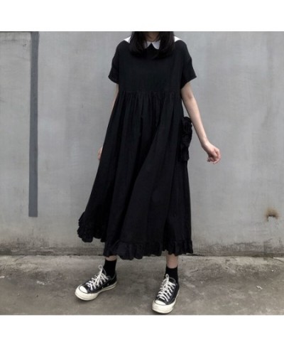 Dress Women Japanese College Style Summer Sweet Peter Pan Collar Kawaii Ruffles Short Sleeve Teen Girl Black Gothic Loose Chi...