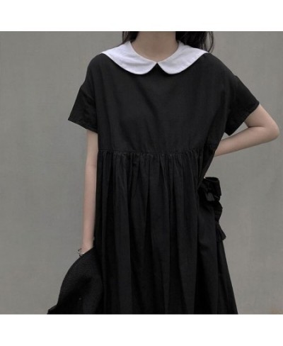 Dress Women Japanese College Style Summer Sweet Peter Pan Collar Kawaii Ruffles Short Sleeve Teen Girl Black Gothic Loose Chi...