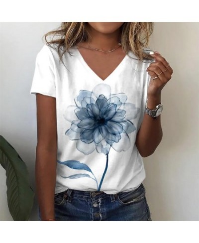 Summer Casual Loose Women's Abstract Floral Painting T Shirt Graphic Print V Neck Basic Top Fashion 3d Print Plus Size Clothi...