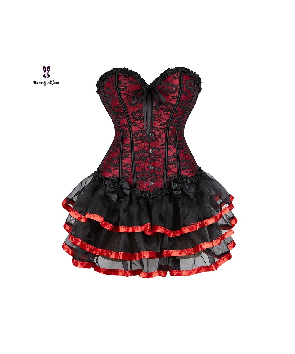 Plus Size S-6XL Red Christmas Dress Suit Lace Up Boned Victorian Corselet Woman Slimming Corset Top With Cup-caked Skirt $38....