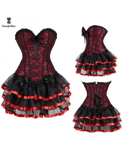 Plus Size S-6XL Red Christmas Dress Suit Lace Up Boned Victorian Corselet Woman Slimming Corset Top With Cup-caked Skirt $38....