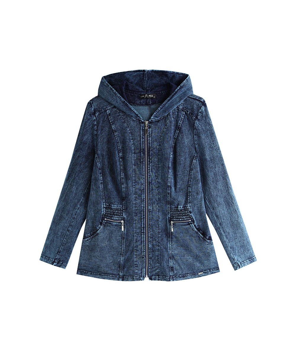 Women's Plus Size Hooded Denim Jacket Cotton Casual Fall Stretch Knit Fashion Jacket $74.24 - Plus Size Clothes