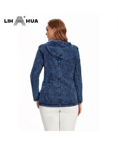 Women's Plus Size Hooded Denim Jacket Cotton Casual Fall Stretch Knit Fashion Jacket $74.24 - Plus Size Clothes