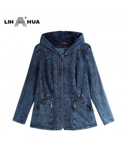 Women's Plus Size Hooded Denim Jacket Cotton Casual Fall Stretch Knit Fashion Jacket $74.24 - Plus Size Clothes