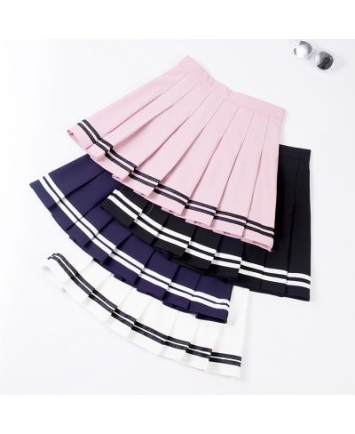 S-XXL Four Colors High Waist A-Line Women Striped Stitching Sailor Pleated Skirt Elastic Waist Sweet Girls Dance Skirt $24.24...