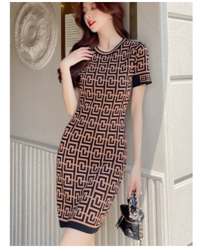 Office Lady Knitted Dress Summer Casual Slim O-neck Short Sleeve Sexy Mini Dresses for Women Elegant Jacquard Plaid Fashion $...