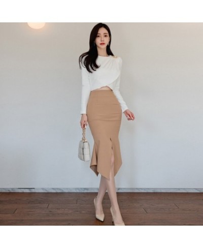 Fashion Women Vintage O-Neck Long Sleeve Short Tops T-Shirt Blouse Sexy Street Clothes High Waist Slit Skirt Female 2 Pieces ...