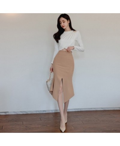 Fashion Women Vintage O-Neck Long Sleeve Short Tops T-Shirt Blouse Sexy Street Clothes High Waist Slit Skirt Female 2 Pieces ...