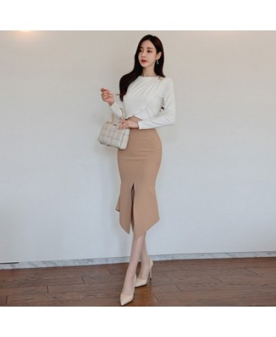 Fashion Women Vintage O-Neck Long Sleeve Short Tops T-Shirt Blouse Sexy Street Clothes High Waist Slit Skirt Female 2 Pieces ...