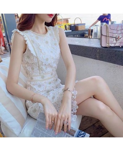 Midi Dress Korean O Neck Sleeveless Lace Robe Femme Summer Elegant Slim Waist Bodycon Dresses Patchwork Pearl Vestido $55.92 ...