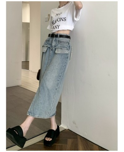 GS2985 Denim Skirt Summer Korean Version 2023 New Split Panel Design High Waist Slim Mid length Skirt $73.20 - Skirts